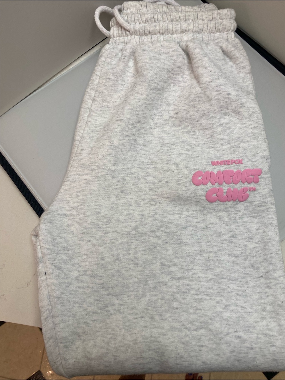 White Fox Boutique Heather Gray Joggers with Pink Logo, size XS